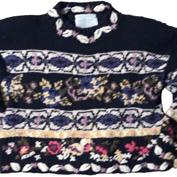 Jennifer Reed hand knitted navy & floral boxy sweater size small petite - Picture 2 of 10